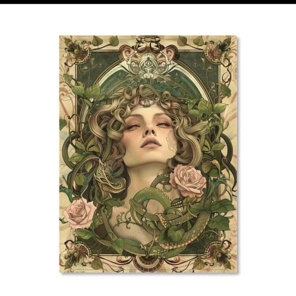 Art Nouveau Medusa Canvas Art Print 12"×16" Mythology Greek Floral Green Cream